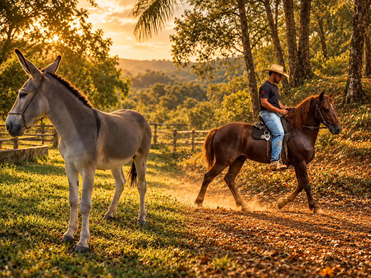 Muar e cavalo Mangalarga Marchador do Haras Nook ao entardecer